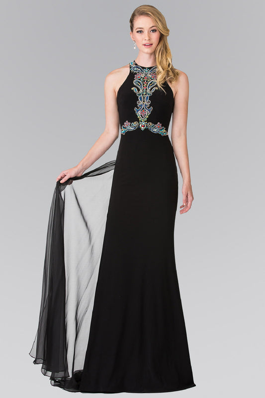 Black Royal Blue High Neck Beaded Top And Sheer Back Accented With Chiffon Tail