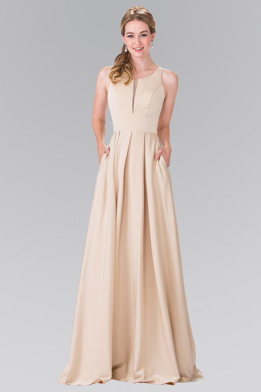 Aqua Navy Champagne Prom Dress With Notched Scoop And Long Skirt
