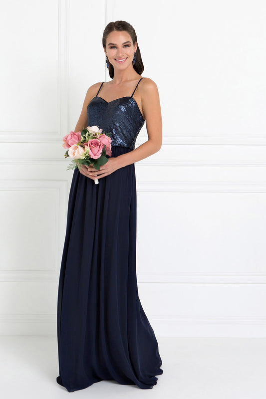 Navy Champagne Full Sequin Top Chiffon Long Dress