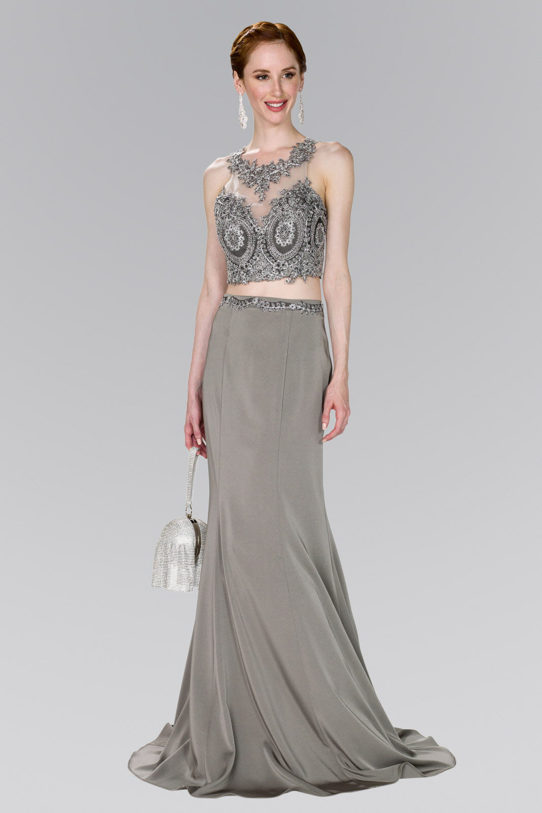 Black Silver Teal Silver Silver Full Embroidered Top Jersey Two Piece Long Dress