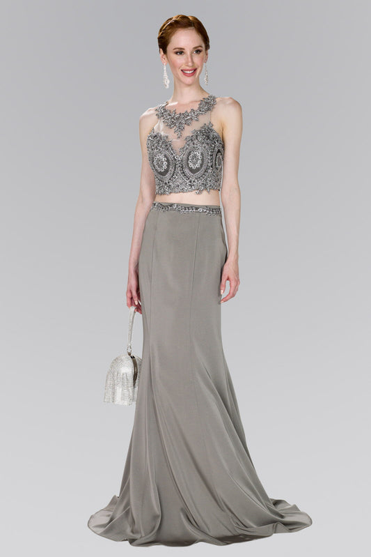 Black Silver Teal Silver Silver Full Embroidered Top Jersey Two Piece Long Dress