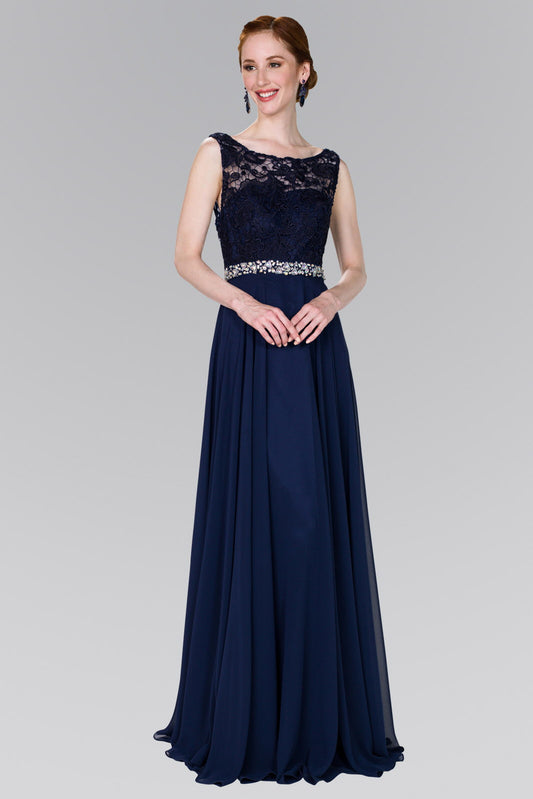 Burgundy Navy Lace Top Chiffon Long Dress Accented By Jewels On The Waist