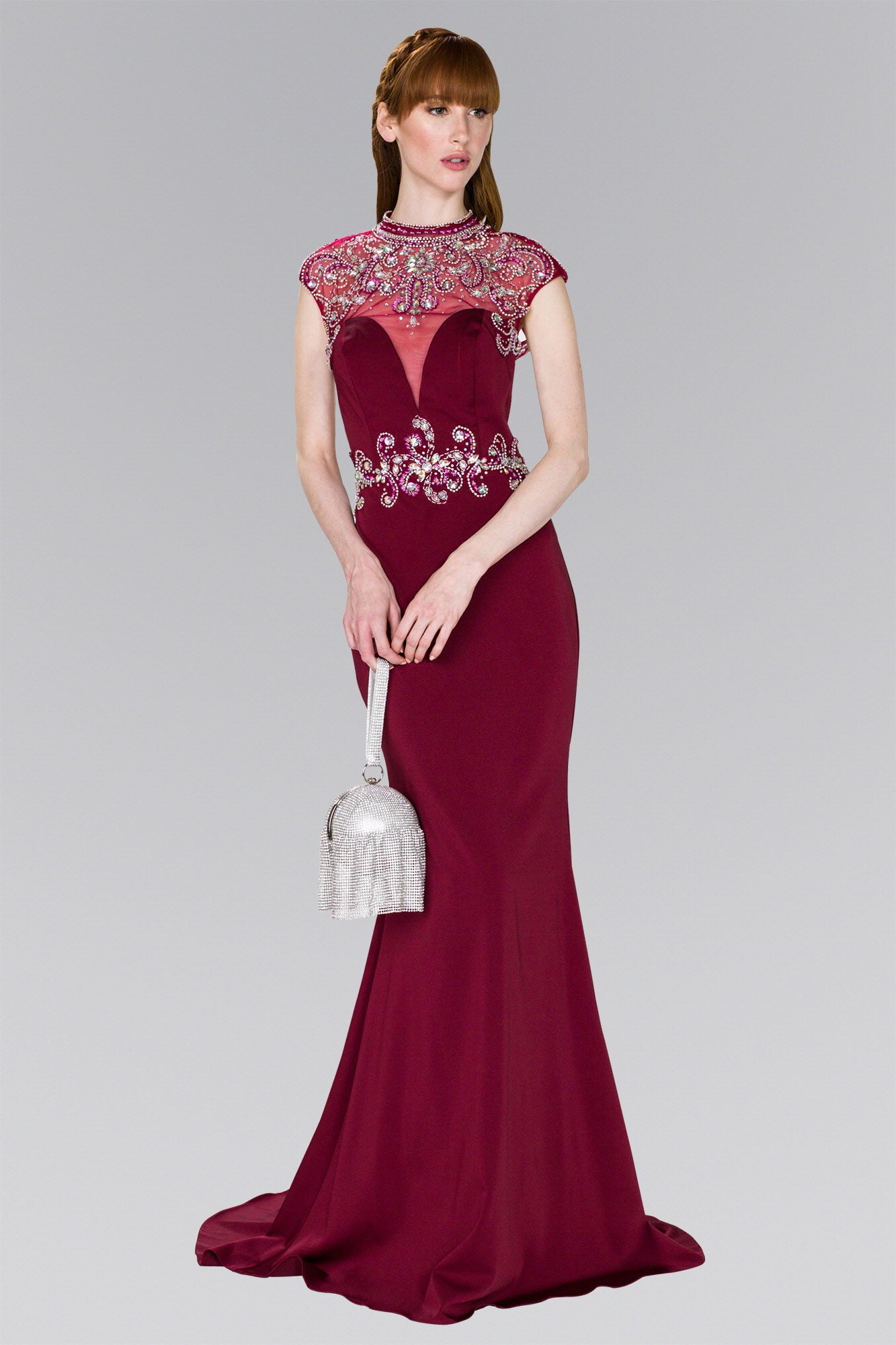 Burgundy Rome Jersey Trumpet Long Dress With Jewel Embellished