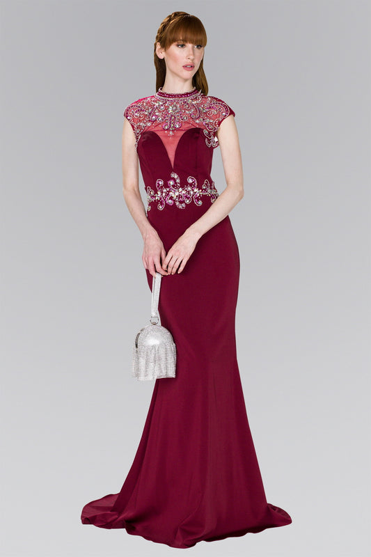 Burgundy Rome Jersey Trumpet Long Dress With Jewel Embellished