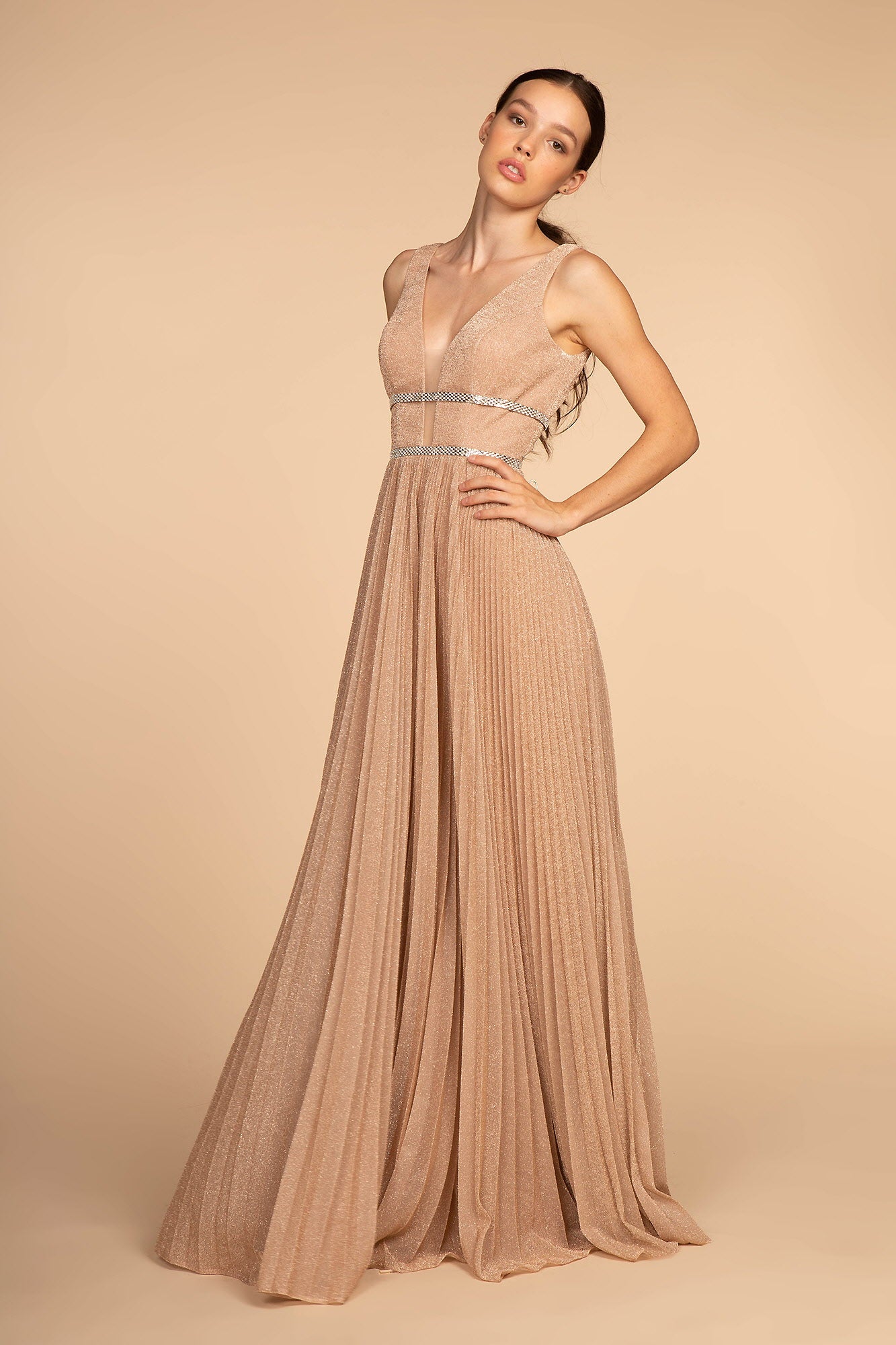 Teal Green Navy Rose Gold Metallic Jewel V Back Long Dress