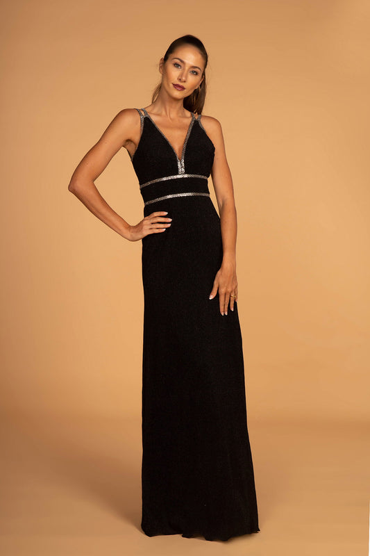 Navy Black Dark Silver Double Waist Bands V Neck Long Dress With Strap Back