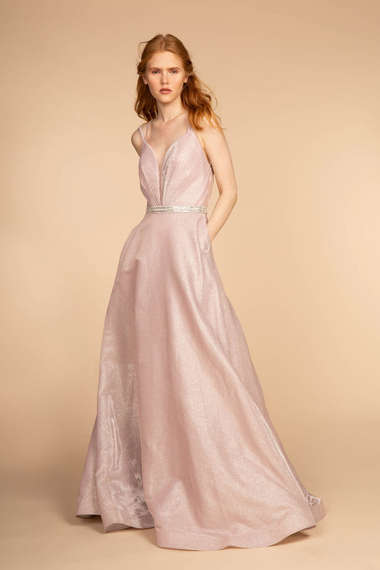 Dark Gray Baby Pink Glitter Crepe Long Dress With Jeweled Waist Band