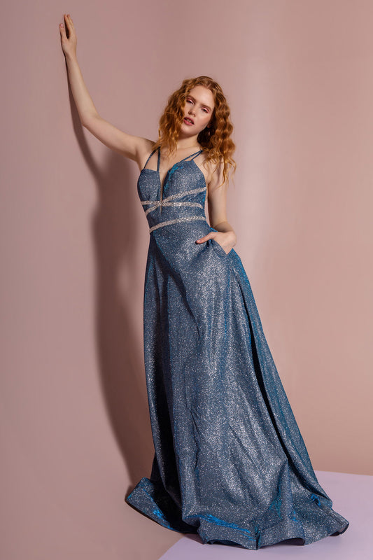 Baby Pink Teal Glitter Crepe A Line Long Dress With Strap Back