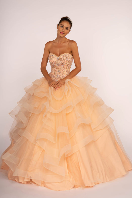 Enchanting Peach Sweetheart Quinceañera Ball Gown – Beaded Tulle with Corset Back