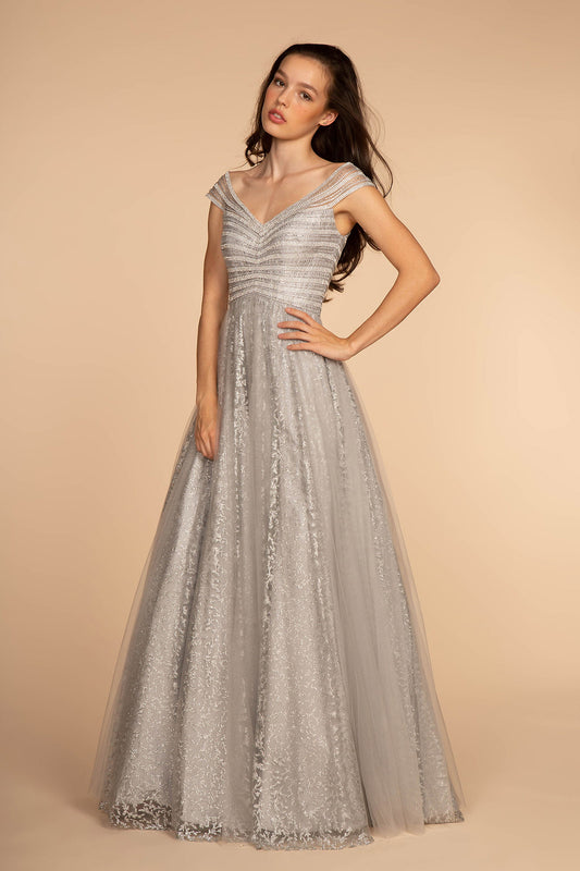 Gold Silver Jewel Embellished Bodice And Glitter Print Skirt Long Dress