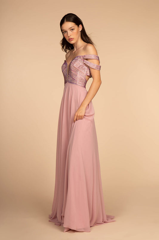 Navy Mauve Jewel Embellished Bodice Illusion Deep V Neck Chiffon Long Dress