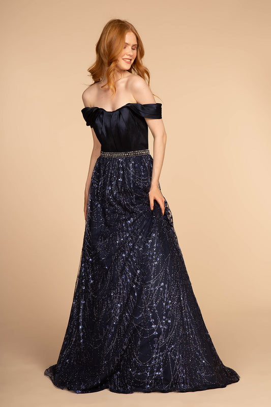 Navy Glitter Print Skirt Off The Shoulder Long Dress