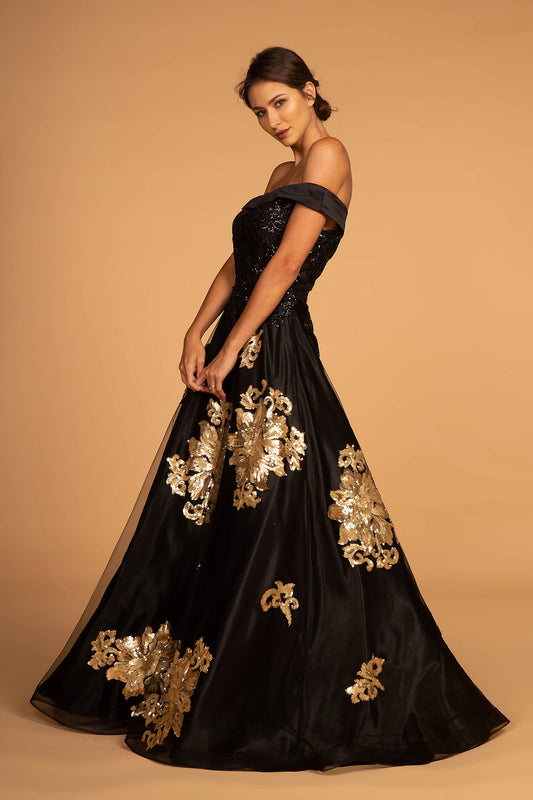 Black Sequin Embellished Off The Shoulder Long Dress