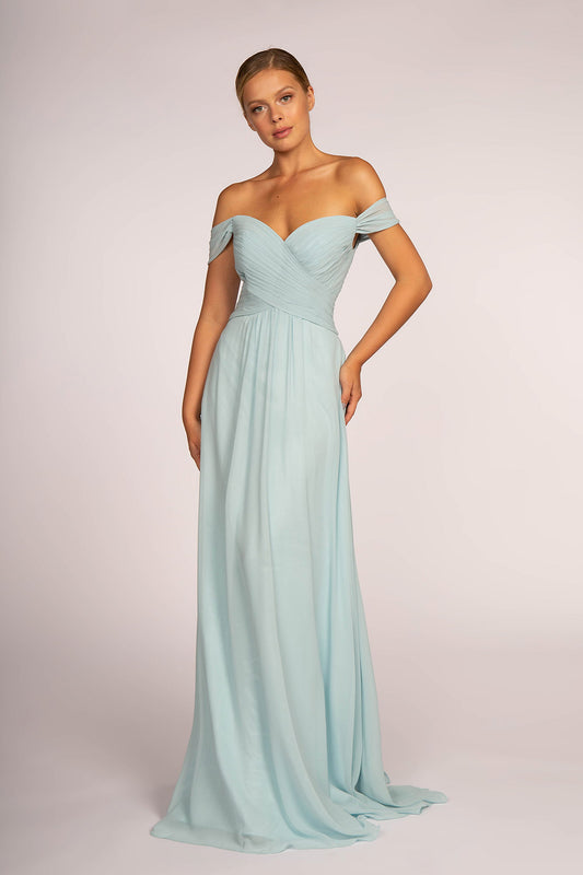 Champagne Mauve Sage Silvery Blue Off The Shoulder Chiffon Long Dress