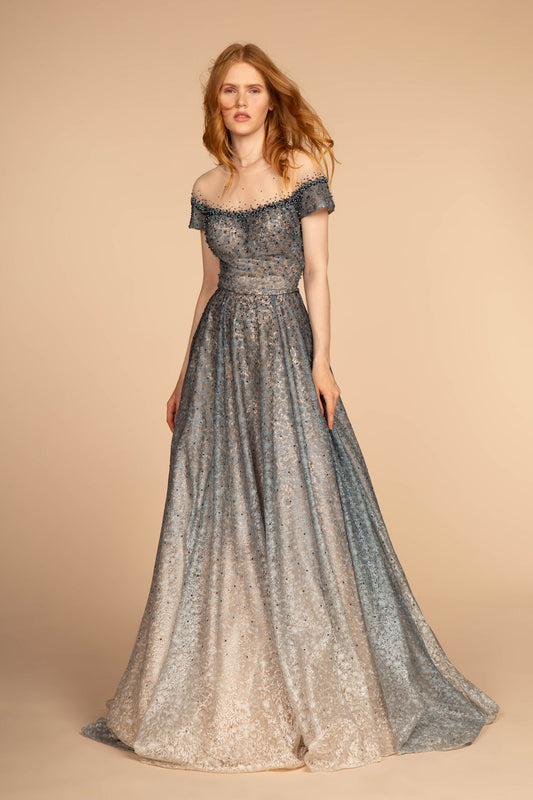 Grey Blue Beads Embellished Lace Ombre Dress With V Back