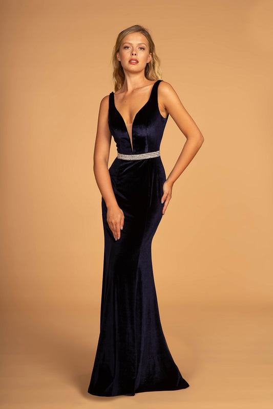 Navy Black Burgundy Jewel Accented Waist Line V Neck Velvet Dress With U Back