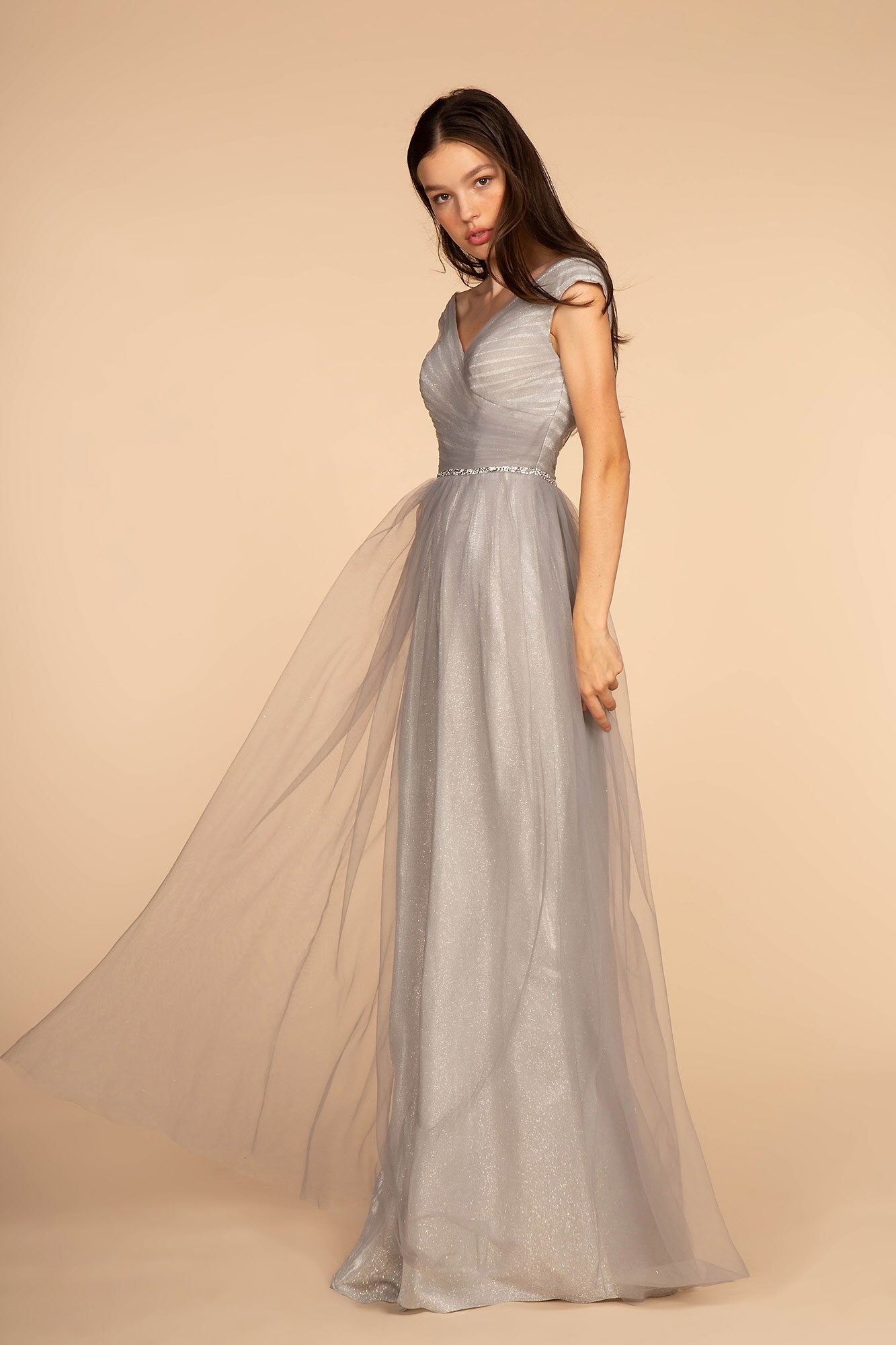 Silver Mauve Mesh Ruched Jewel V Neck Long Dress