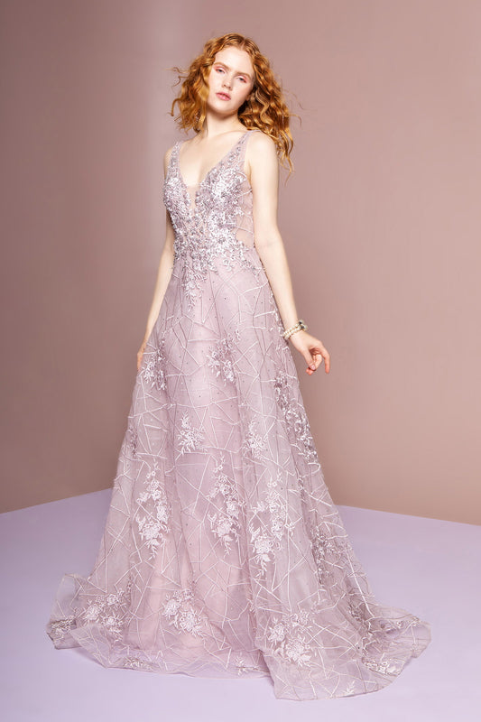 Mauve Baby Blue Mesh Illusion V Neck Embroidery Long Dress