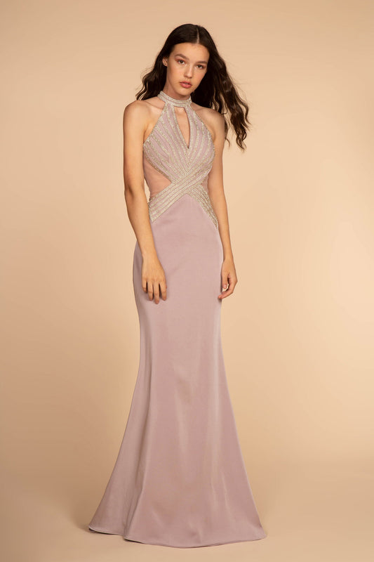 Mauve Jewel Embellished High Neck Rome Jersey Prom Dress