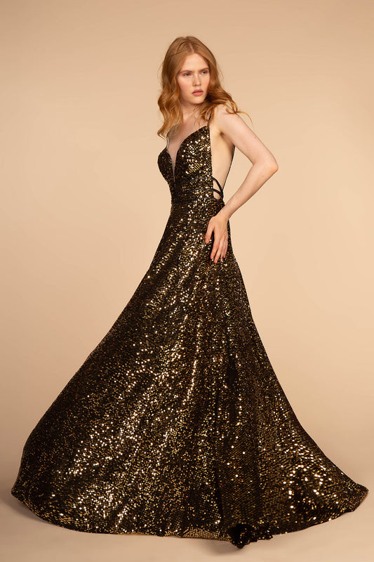 Green Black Gold Illusion Deep V Neck Sequin Ball Gown With Open Back