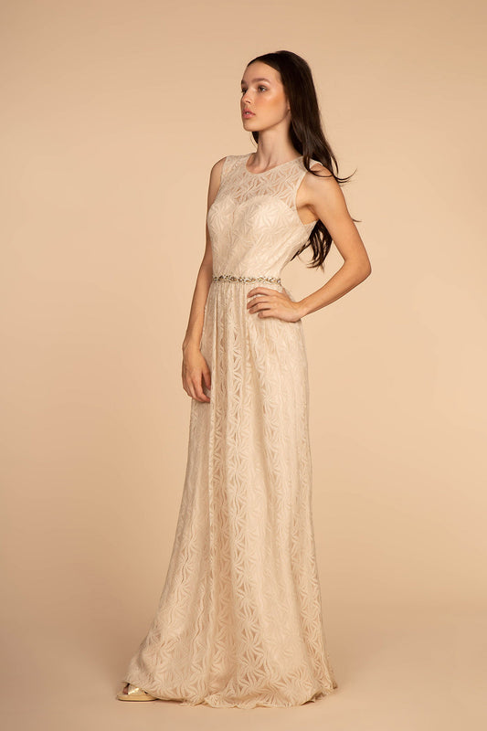 Champagne Mauve Jewel Embellished Waist Lace Long Dress