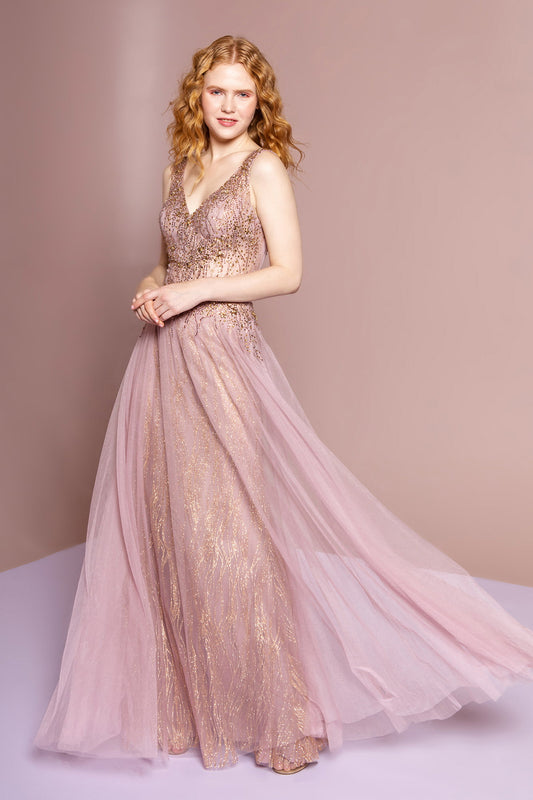 Mauve 1 Floor Length Prom Pageant Gala Red Carpet Mesh Jewel Sheer Back Zipper V Back Sleeveless V Neck A Lin