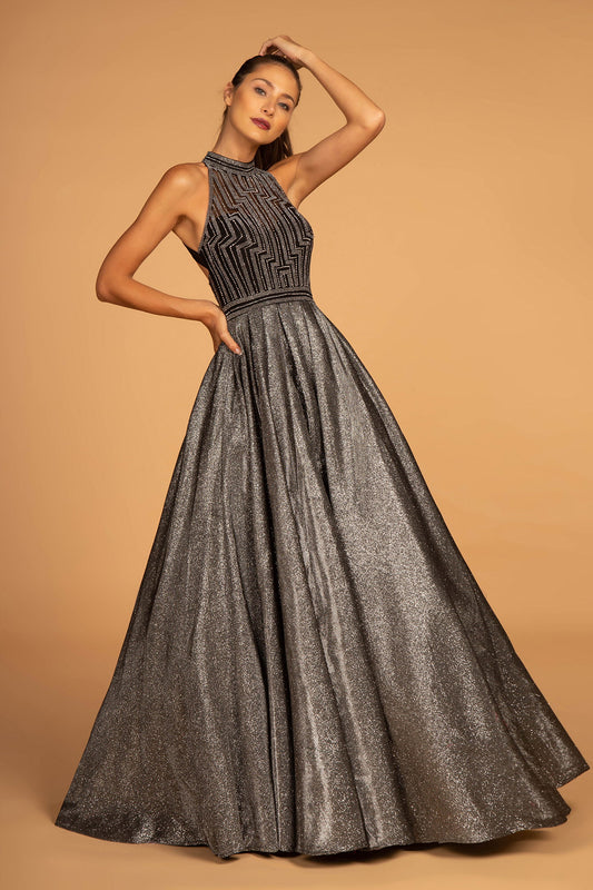 Dark Silver 1 Floor Length Prom Pageant Gala Red Carpet Glitter Crepe Beads Zipper Cut Out Back Sleeveless High Neck A Lin