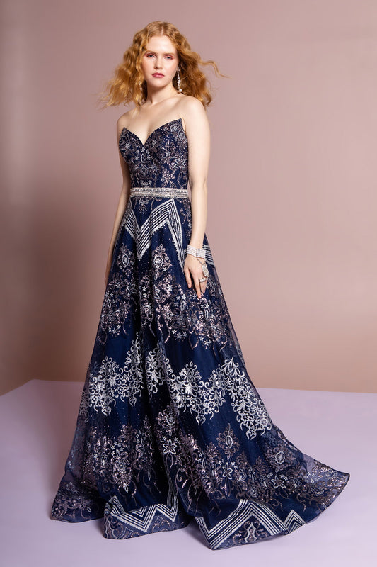 Navy 1 Long Prom Pageant Gala Red Carpet Mesh Beads Jewel Glitter Open Back Zipper Short Sleeve Sweetheart A Lin