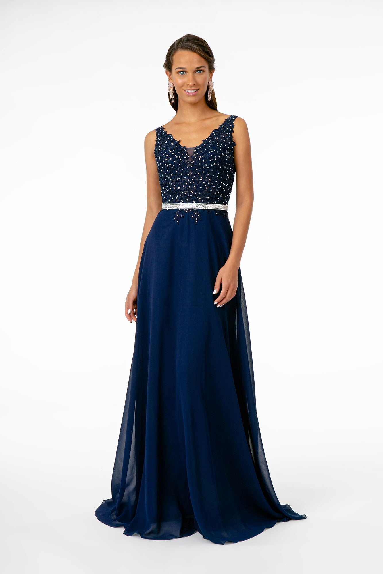 Mauve Navy V Neck Embroidered Bodice Chiffon Long Dress