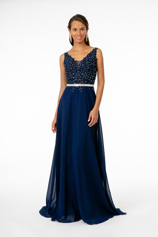 Mauve Navy V Neck Embroidered Bodice Chiffon Long Dress
