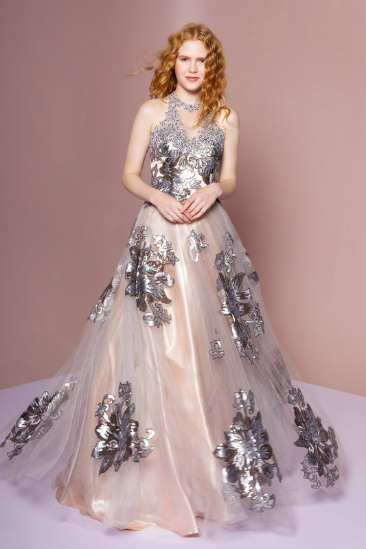 Champagne Silver 1 Floor Length Prom Pageant Gala Red Carpet Tulle Sequin Open Back Cut Out Back Sleeveless Illusion Sweetheart A Lin
