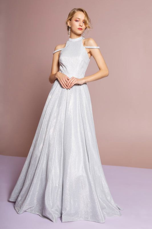 Silver Halter Neck Glitter Crepe A Line Long Dress