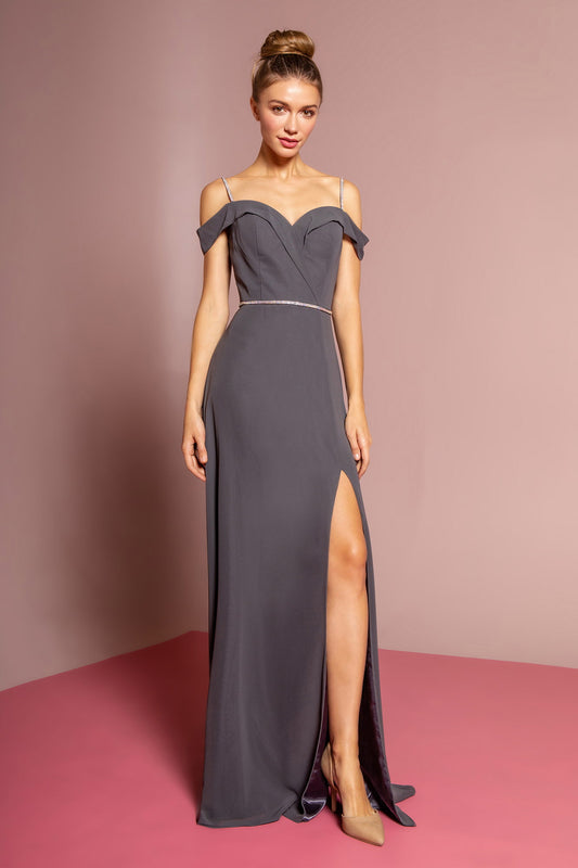 Charcoal Navy Chiffon Rhinestone Straps Long Dress