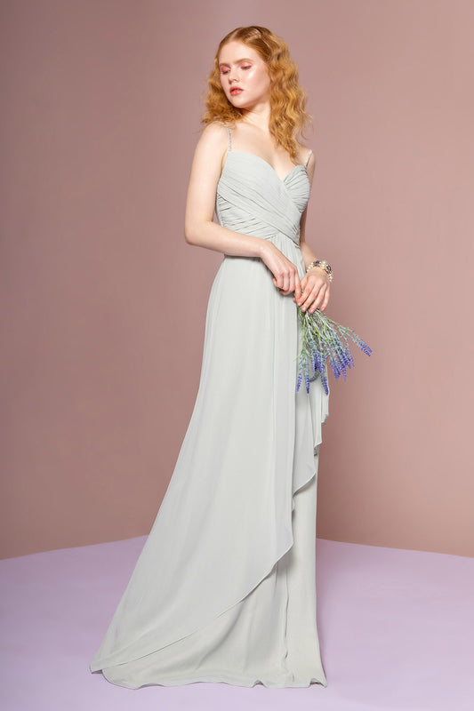 Mauve Sage Blue Chiffon Ruched Jewel Straps Long Dress