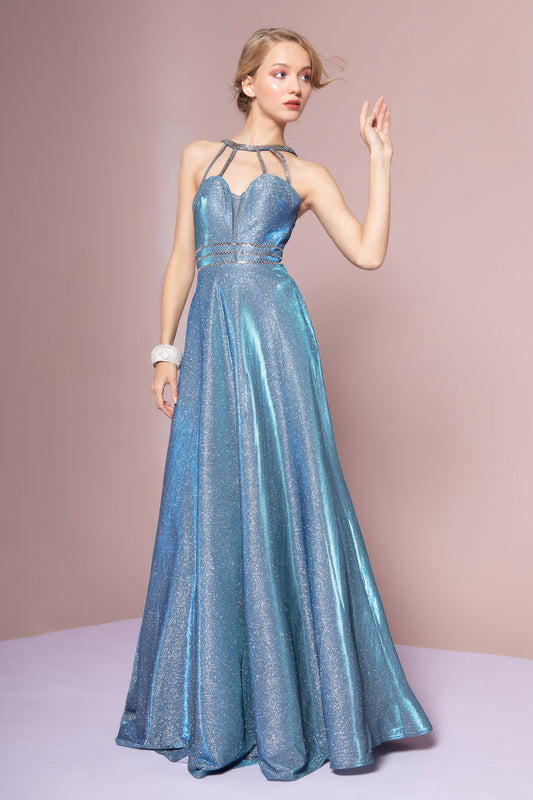 Blue 1 Floor Length Prom Pageant Gala Red Carpet Glitter Crepe Zipper Cut Out Back Sleeveless Cut Out Neckline A Lin