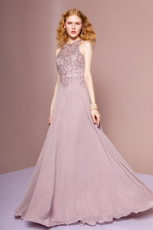 Charcoal Mauve Embroidered Bodice Chiffon A Line Long Dress