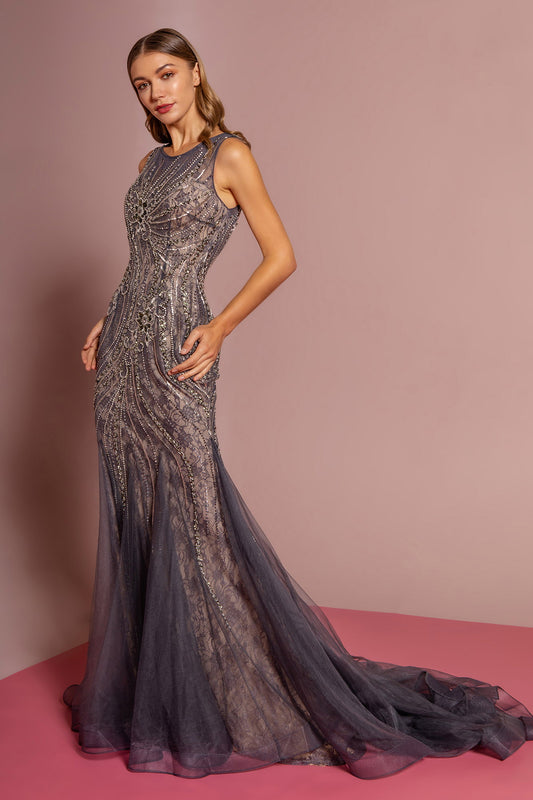 Charcoal Jewel Embellished Lace Long Dress With Tail