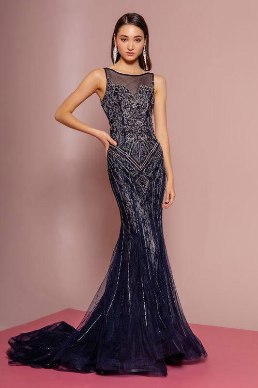 Navy Jewel Embellished Lace Long Dress With V Back