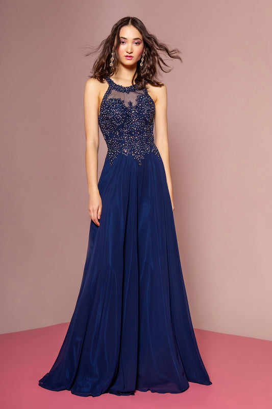 Mauve Navy Jewel Embellished And Embroidered Bodice Chiffon Long Dress