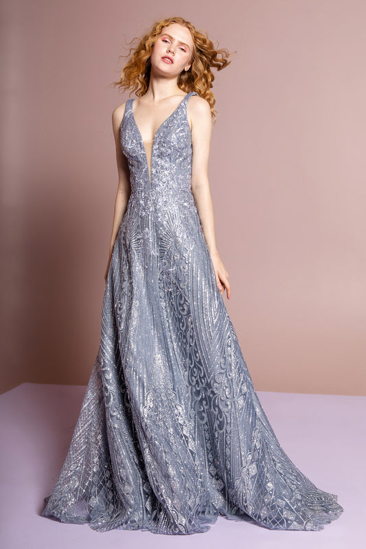 Silver V Neck Glitter Mesh A Line Dress