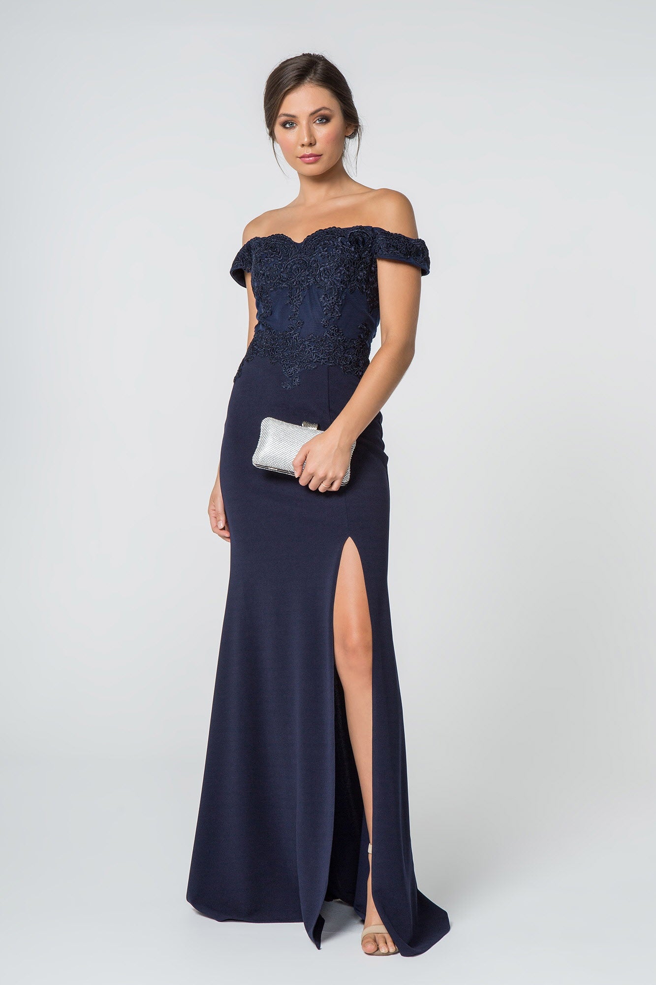 Burgundy Mauve Navy Embroidered Off Shoulder Jersey Long Dress With Slit