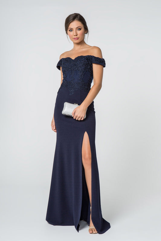 Burgundy Mauve Navy Embroidered Off Shoulder Jersey Long Dress With Slit