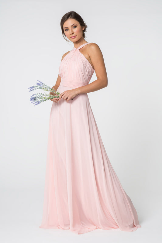 Sage Dusty Rose Blush Silver Burgundy High Neck Chiffon Ruched Bodice A Line Long Dress