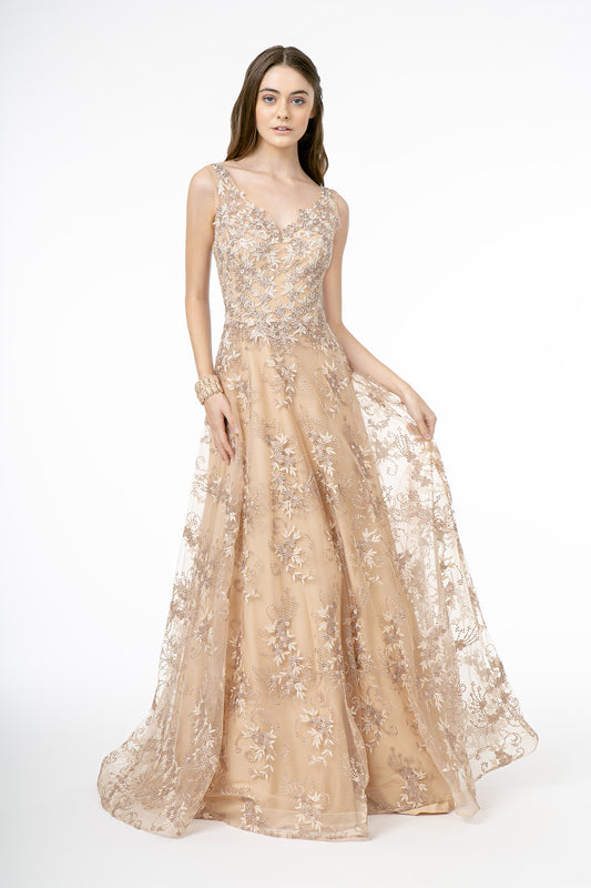 Cappuccino Embroidery Embellished V Neck Tulle A Line Dress