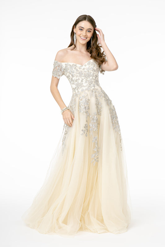 Mauve Champagne Embroidered Mesh A Line Long Dress With V Back