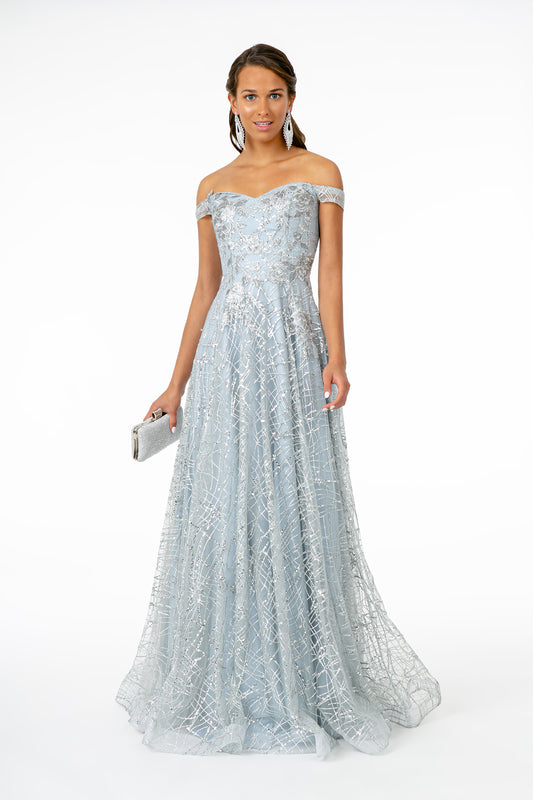 Champagne Silver Floral Embroidery Glitter And Sequin Mesh A Line Dress