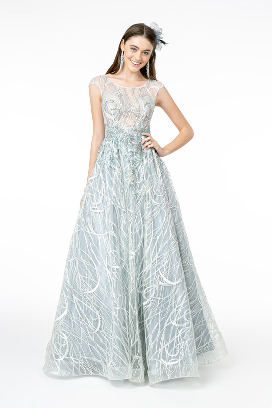 Silver Mauve Embroidered Sheer Top Sleeveless Mesh Long Dress
