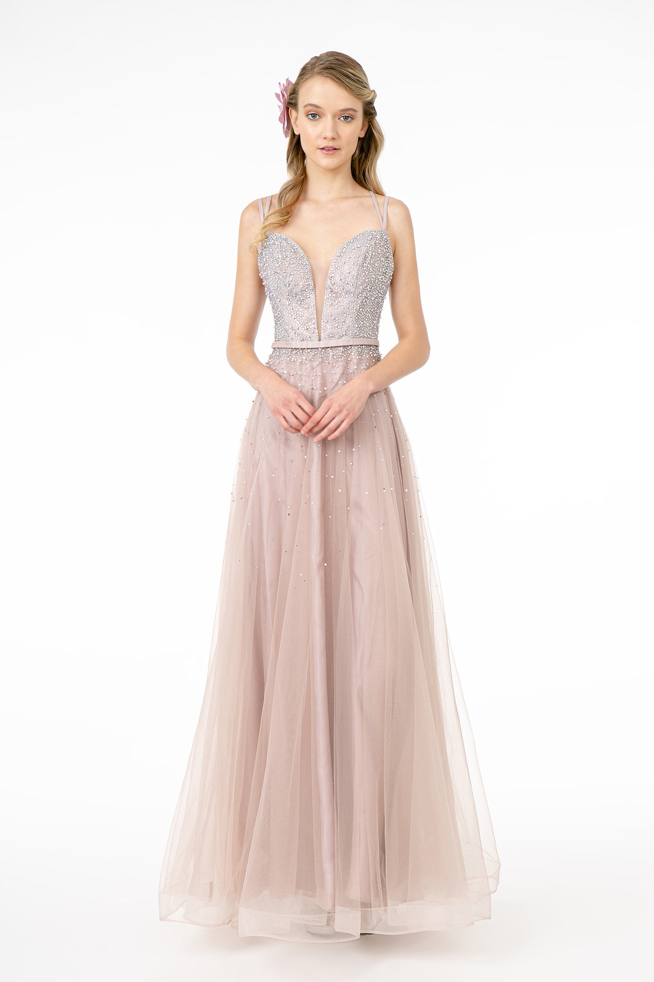 Mauve Blush Jewel Embellished Bodice Mesh A Line Dress With Strap Back