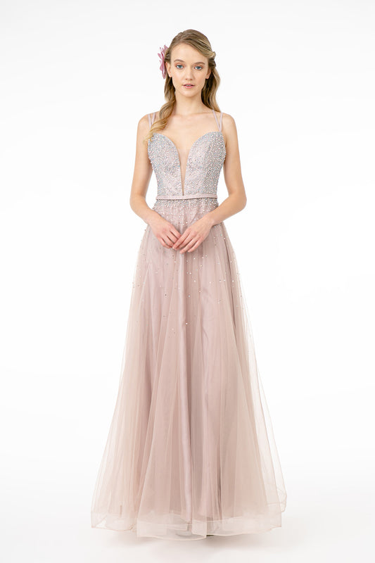 Mauve Blush Jewel Embellished Bodice Mesh A Line Dress With Strap Back