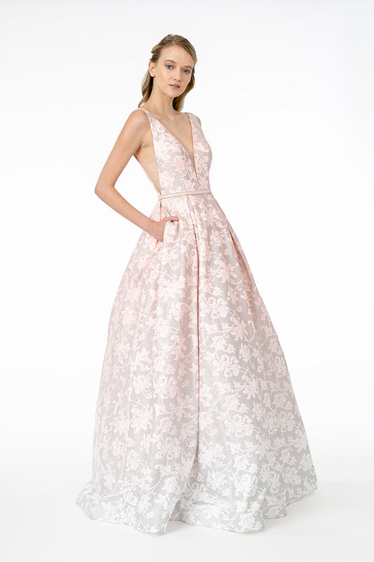 Blush Mint Illusion Deep V Neck A Line Long Dress With V Back